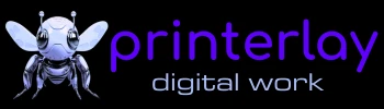 Logo del sitio printerlay, con una abeja cybertrónica y la palabra printerlay con la descripción inferior digital work